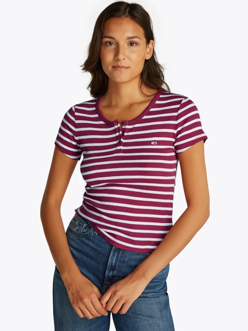Tommy Jeans Shirts*TJW SLIM BUTTON RIB C-NECK SS brilliant berry - stripe