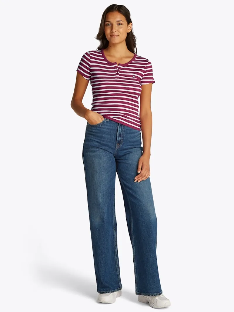 Tommy Jeans Shirts*TJW SLIM BUTTON RIB C-NECK SS brilliant berry - stripe