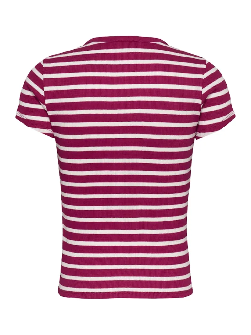 Tommy Jeans Shirts*TJW SLIM BUTTON RIB C-NECK SS brilliant berry - stripe