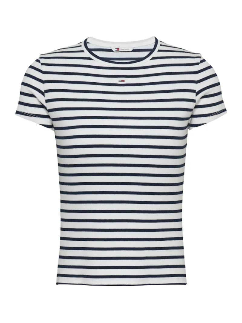 Tommy Jeans Shirts*TJW SLIM ESSENTIAL RIB SS EXT ecru - navy stripe