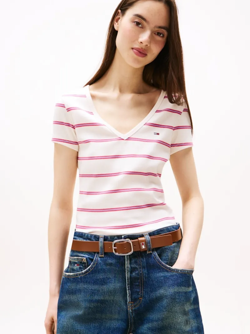 Tommy Jeans Shirts*TJW SLIM ESSENTIAL RIB V SS ancient white - cerise stripe