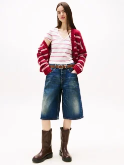 Tommy Jeans Shirts*TJW SLIM ESSENTIAL RIB V SS ancient white - cerise stripe