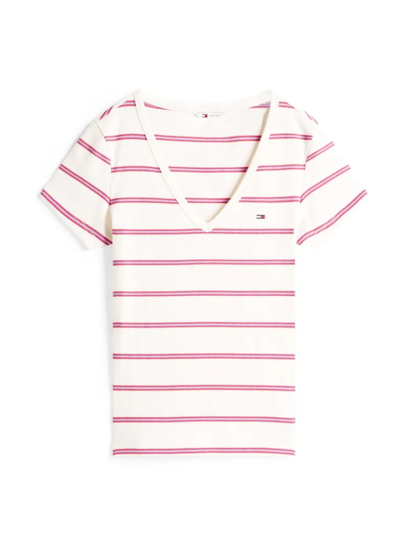 Tommy Jeans Shirts*TJW SLIM ESSENTIAL RIB V SS ancient white - cerise stripe