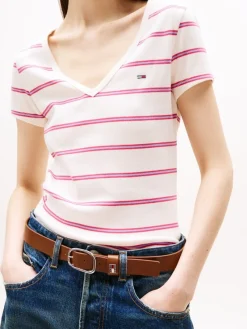 Tommy Jeans Shirts*TJW SLIM ESSENTIAL RIB V SS ancient white - cerise stripe
