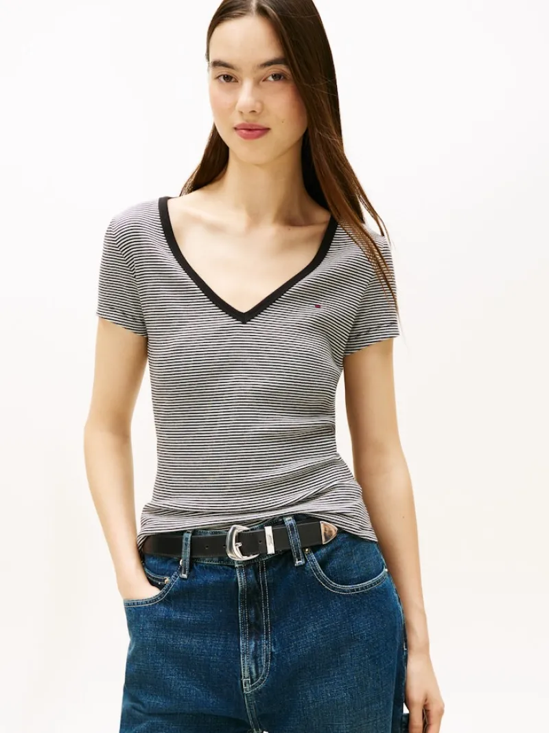 Tommy Jeans Shirts*TJW SLIM ESSENTIAL RIB V SS black- ecru stripe