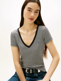 Tommy Jeans Shirts*TJW SLIM ESSENTIAL RIB V SS black- ecru stripe