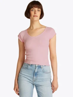 Tommy Jeans Shirts*TJW SLIM VNECK GMD RIB SS precious pink