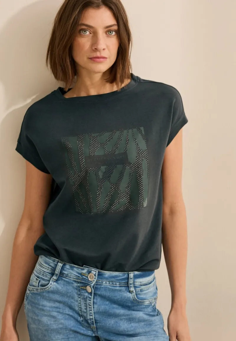 Cecil Shirts*T-Shirt mit Glitzer-Print slate khaki