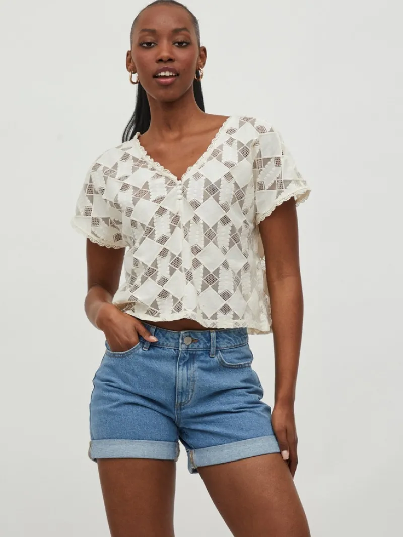 Vila Blusen*VICALVINA V-NECK S/S TOP/DC/LS birch