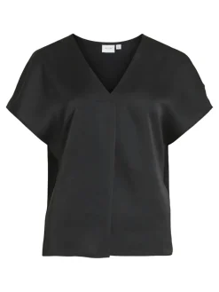 Vila Blusen*VIELLETTE V-NECK S/S SATIN TOP - NOOS Black