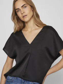 Vila Blusen*VIELLETTE V-NECK S/S SATIN TOP - NOOS Black