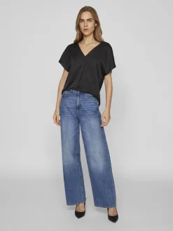 Vila Blusen*VIELLETTE V-NECK S/S SATIN TOP - NOOS Black