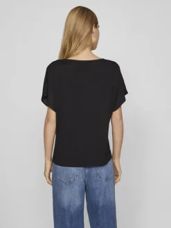 Vila Blusen*VIELLETTE V-NECK S/S SATIN TOP - NOOS Black
