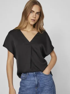 Vila Blusen*VIELLETTE V-NECK S/S SATIN TOP - NOOS Black
