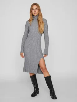 Vila Kleider*VIRIL ROLLNECK L/S SLIT KNIT DRESS/L Medium Grey Melange
