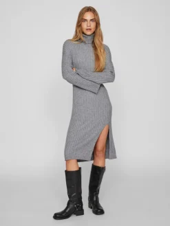 Vila Kleider*VIRIL ROLLNECK L/S SLIT KNIT DRESS/L Medium Grey Melange