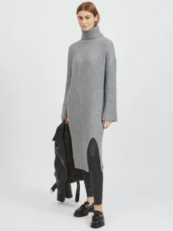 Vila Kleider*VIRIL ROLLNECK L/S SLIT KNIT DRESS/L Medium Grey Melange