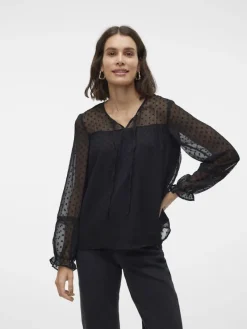 Vero Moda Blusen*VMLEAH LS LACE TOP WVN GA NOOS Black